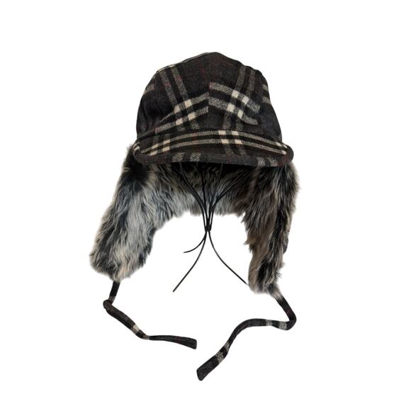 New OS Wool Blend Plaid Trapper Aviator Hat Faux Fur Flap Winter Warm Outdoors - Picture 1 of 8